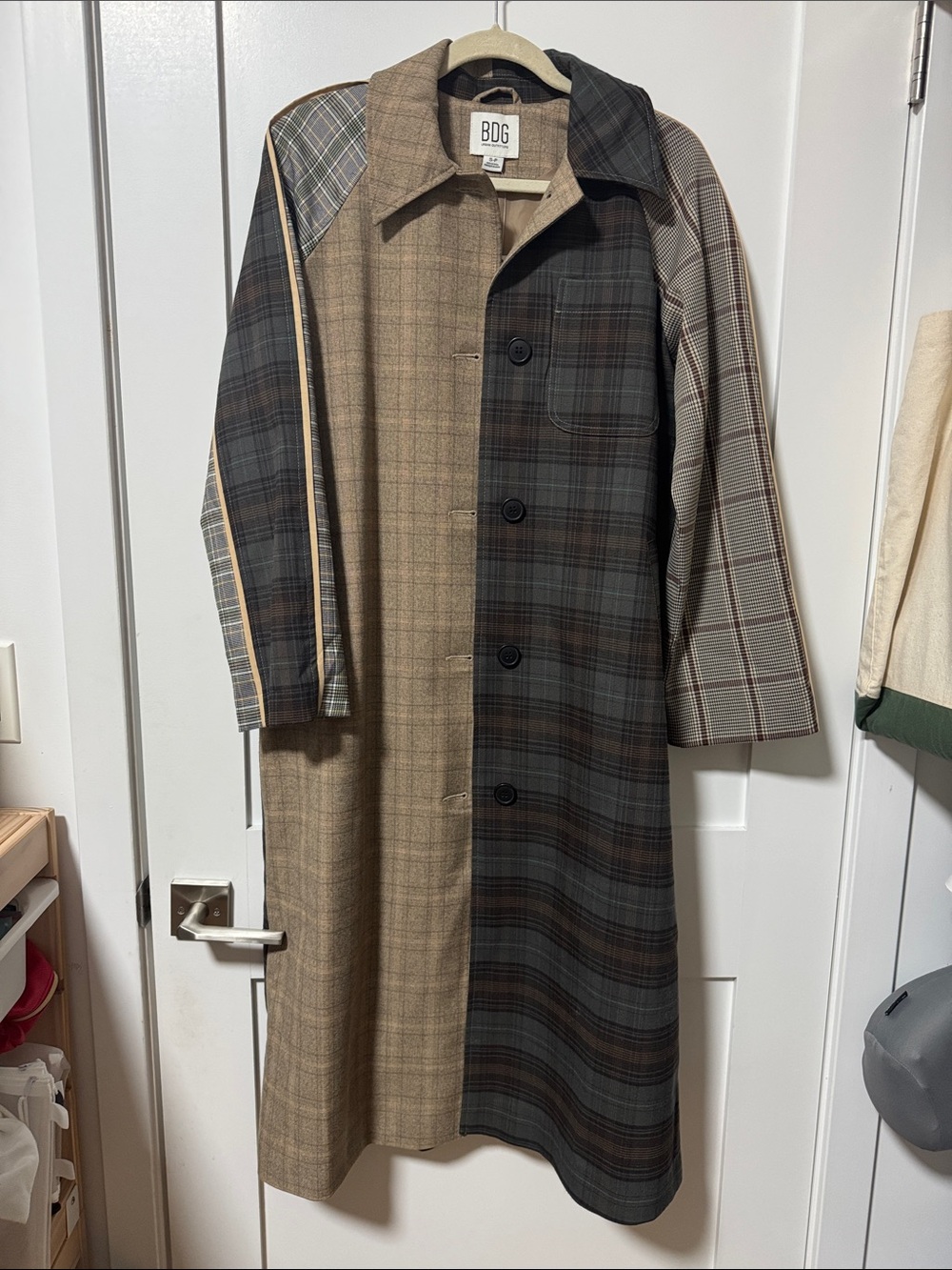 BDG Patchwork Plaid Trench Coat in Brown and Gray - Picture 1 of 5